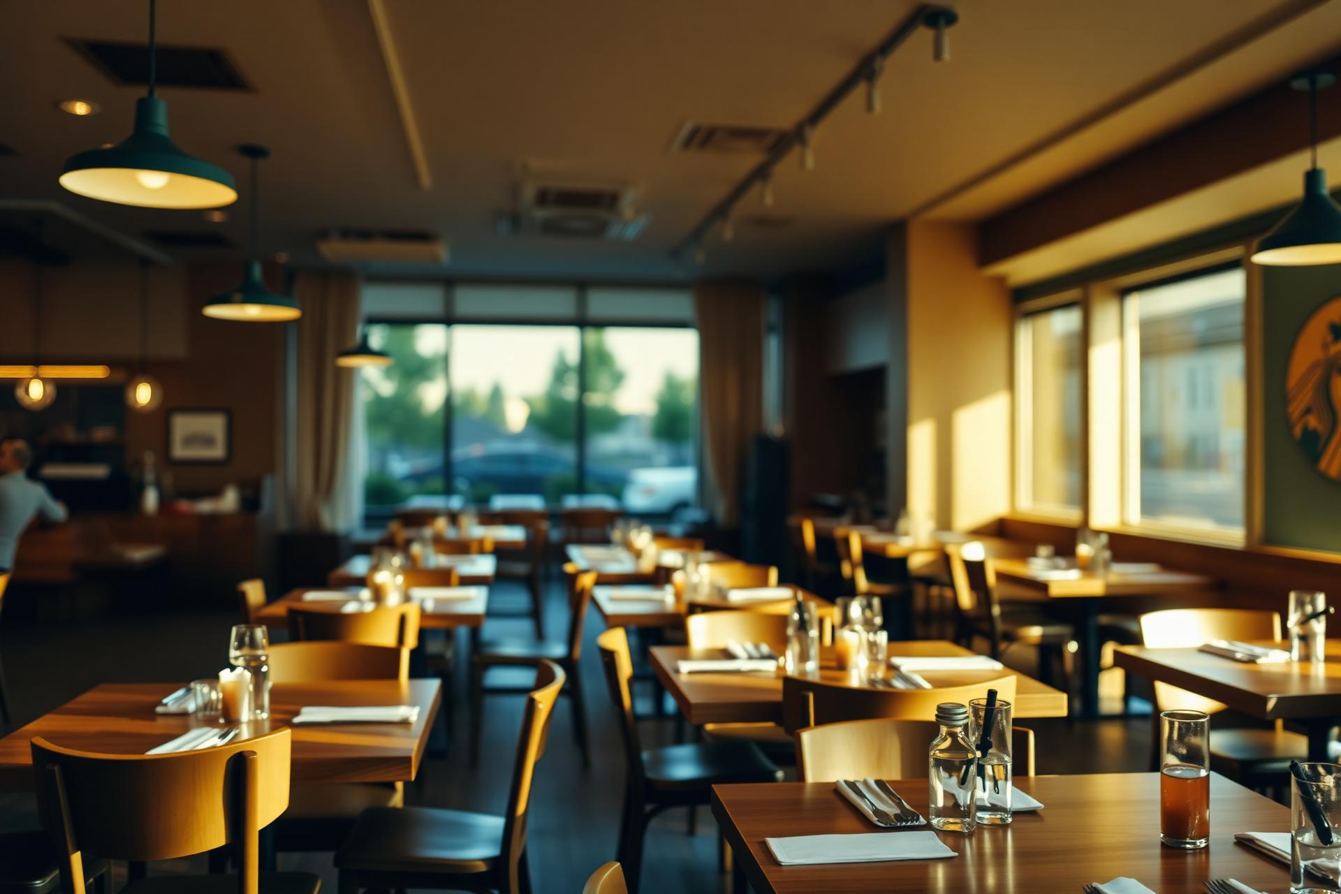 Warm modern restaurant interior at golden hour
